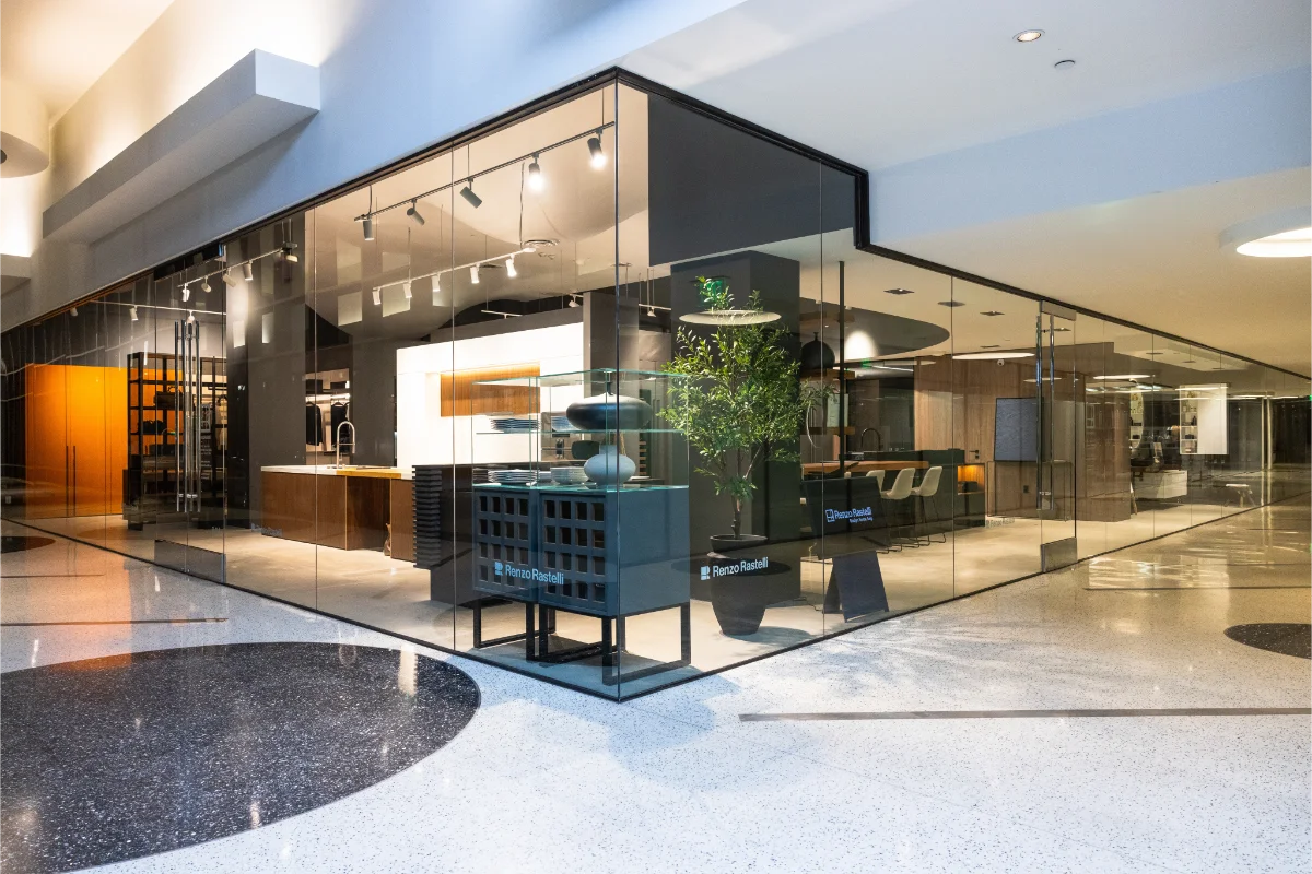 Glass storefront of Renzo Rastelli's Los Angeles Flagship Store and USA HQ at the Pacific Design Center in West Hollywood