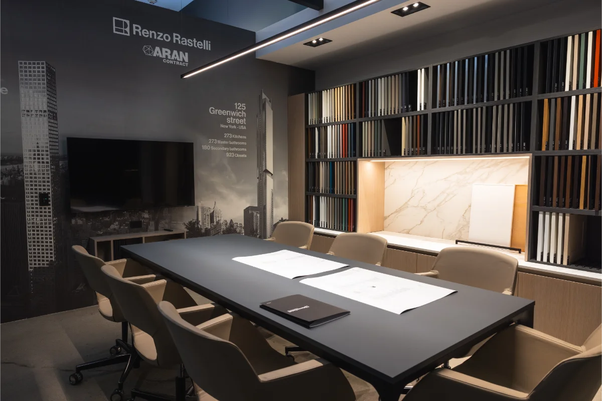 rastelli-LA-deisgn-room Design consultation room at Rastelli's Los Angeles showroom with a full material sample library and Aran Contract commercial project display
